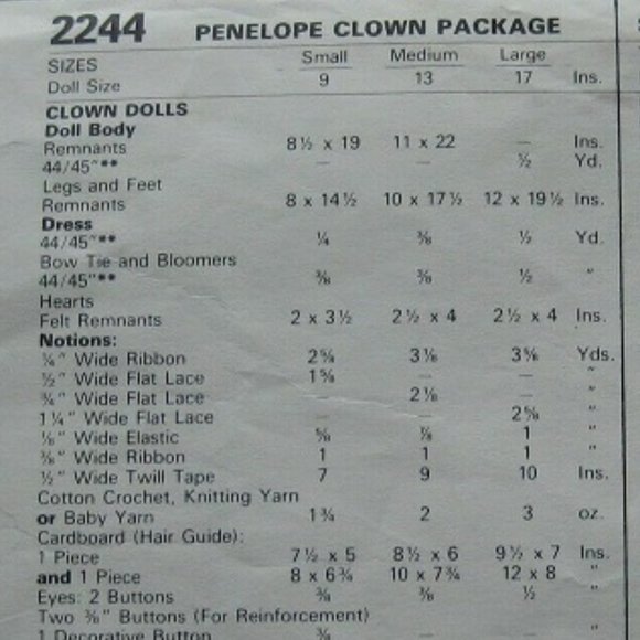 McCall's Craft Pattern 2244 Penelope Clown Package Adorable  in 3 Sizes Uncut - Picture 3 of 3